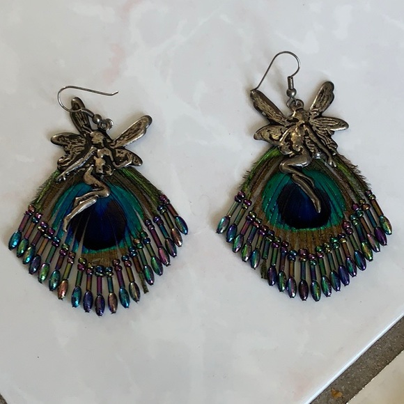 Jewelry - Peacock feather fairy earrings